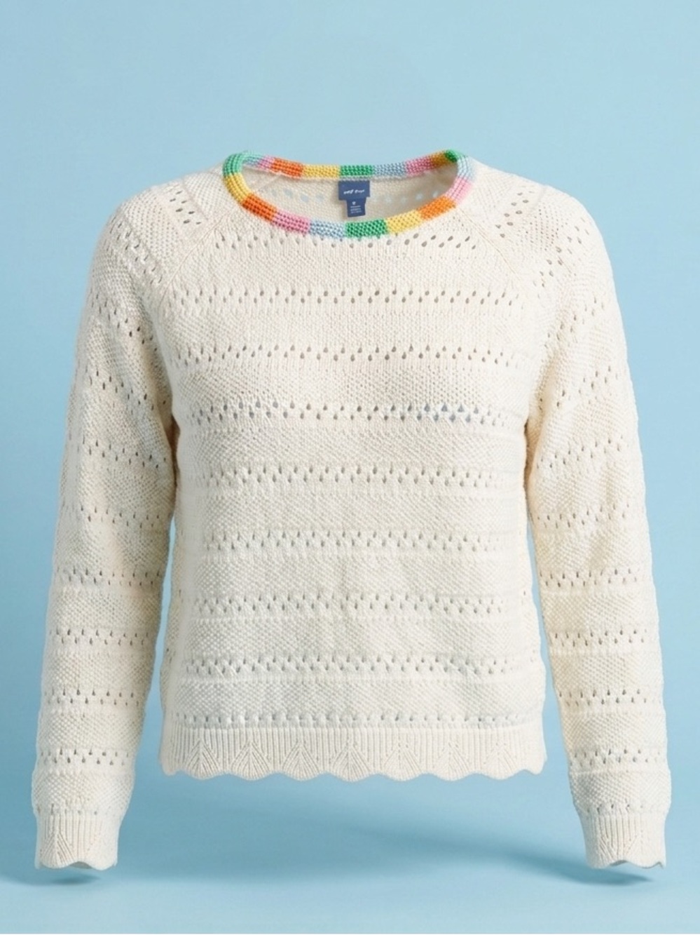 Old Navy Cream Crewneck Sweater with Multicolor Bead Trim